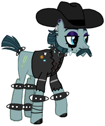 Size: 498x600 | Tagged: artist needed, source needed, safe, derpibooru import, turner mccolt, earth pony, pony, choker, clothes, ear piercing, emo, eyebrows, eyeshadow, facial hair, goth, hat, hoof polish, jacket, lidded eyes, makeup, male, mccolt family, nose piercing, piercing, simple background, solo, spiked choker, spiked wristband, stallion, white background, wristband