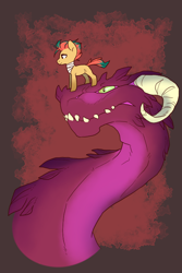 Size: 540x810 | Tagged: safe, artist:sinclair2013, derpibooru import, oc, oc only, oc:dragon breath, dragon, earth pony, pony, abstract background, duo, female, mare