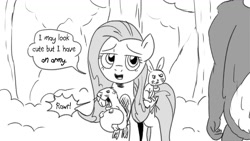 Size: 1200x675 | Tagged: safe, artist:pony-berserker, derpibooru import, angel bunny, fluttershy, bear, beaver, rabbit, pony-berserker's twitter sketches, animal, breaking the fourth wall, forest, pony-berserker's twitter sketches (2023), talking to viewer