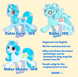 Size: 3576x3531 | Tagged: safe, artist:bluecocoaart, derpibooru import, oc, earth pony, pegasus, pony, unicorn, adoptable, blue fur