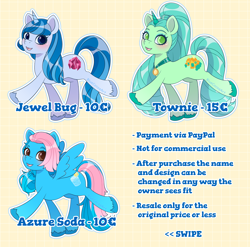 Size: 3576x3531 | Tagged: safe, artist:bluecocoaart, derpibooru import, oc, pegasus, pony, unicorn, adoptable, blue fur