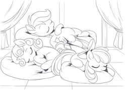 Size: 1424x1014 | Tagged: safe, artist:nauyaco, derpibooru import, apple bloom, scootaloo, sweetie belle, earth pony, pegasus, pony, unicorn, cutie mark crusaders, monochrome, simple background, sleeping, white background