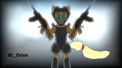Size: 1280x720 | Tagged: safe, artist:sc_orion, applejack, semi-anthro, armor, gun, hoof hold, simple background, weapon