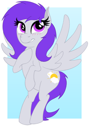 Size: 1200x1700 | Tagged: safe, artist:roseluck, derpibooru exclusive, derpibooru import, oc, oc only, oc:morning glory (project horizons), pegasus, pony, fallout equestria, fallout equestria: project horizons, abstract background, blue background, blushing, enclave, female, flying, full body, gradient background, grand pegasus enclave, hoof on chest, looking up, mare, open mouth, open smile, pegasus oc, simple background, smiling, solo, spread wings, tail, three quarter view, white background, wings