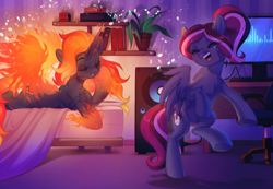 Size: 2869x1990 | Tagged: safe, artist:ls_skylight, derpibooru import, oc, oc only, oc:spotlight splash, pegasus, pony, unicorn, bed, book, bookshelf, chair, computer, dancing, duo, female, fire, mare, music notes, plant, plant pot, rubik's cube, singing, speaker