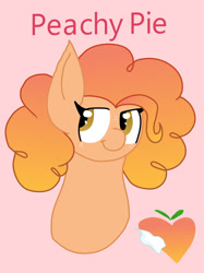 Size: 1280x1707 | Tagged: safe, artist:mlpartmaker300, derpibooru import, oc, oc only, oc:peachy pie, earth pony, pony, bust, female, freckles, mare, offspring, parent:cheese sandwich, parent:pinkie pie, parents:cheesepie, pink background, simple background, solo