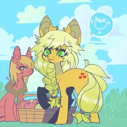 Size: 907x907 | Tagged: safe, artist:batthsalts, derpibooru import, applejack, big macintosh, earth pony, pony, apple, apple basket, basket, braid, brother and sister, cloud, dot eyebrows, duo, female, food, freckles, male, mare, missing accessory, siblings, sitting, sky, speech bubble, stallion