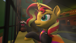 Size: 1920x1080 | Tagged: safe, artist:montaraz13, derpibooru import, sunset shimmer, pony, unicorn, 3d, female, mare, smiling, solo, source filmmaker, sunlight, window