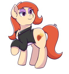 Size: 1907x2029 | Tagged: safe, artist:backgroundpony#f352, derpibooru import, oc, oc only, oc:phosphor flame, earth pony, pony, clothes, commission, eyes open, female, jacket, makeup, mare, shirt, signature, simple background, solo, standing, transparent background, white shirt