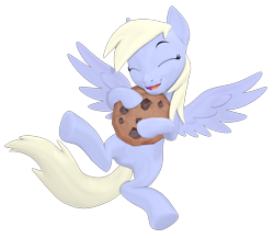 Size: 2420x2100 | Tagged: safe, artist:owlpirate, derpibooru import, derpy hooves, pegasus, pony, 3d, cookie, cute, derpabetes, eyes closed, female, food, high res, mare, open mouth, open smile, revamped ponies, simple background, smiling, solo, source filmmaker, spread wings, transparent background, wings