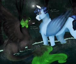 Size: 4000x3365 | Tagged: safe, artist:inisealga, derpibooru import, oc, oc only, oc:fae lagoon, oc:soaring spirit, hybrid, kelpie, pegasus, pony, accessories, cutie mark, duo, duo male and female, facial markings, female, folded wings, glasses, hybrid oc, lake, male, mare, moon, night, partially submerged, pegasus oc, spread wings, stallion, standing in water, water, wings