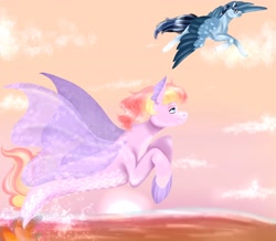 Size: 2980x2604 | Tagged: safe, artist:inisealga, derpibooru import, oc, oc only, oc:radiant daylight, oc:soaring spirit, hippogriff, pegasus, seapony (g4), cloud, coat markings, colored wings, duo, duo male and female, female, flying, glasses, hippogriff oc, male, mare, multicolored hair, multicolored mane, multicolored tail, multicolored wings, ocean, pegasus oc, raffle, raffle prize, raffle winner, sky, socks (coat marking), spread wings, stallion, sunset, tail, water, wings