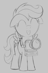 Size: 562x861 | Tagged: safe, artist:dtcx97, derpibooru import, scootaloo, pegasus, pony, camera, ears, eyes closed, female, filly, floppy ears, foal, monochrome, solo