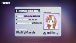 Size: 1920x1080 | Tagged: artist needed, safe, derpibooru import, oc, oc only, oc:fluffymarsh, unicorn, bad end, brown mane, card, date, defending, event, female, fight, fortnite, happy, looper, mare, purple eyes, threat