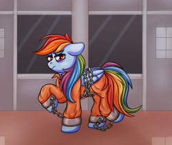 Size: 2048x1729 | Tagged: safe, artist:kutemango, derpibooru import, rainbow dash, pegasus, pony, bound wings, chained, chains, clothes, commissioner:rainbowdash69, never doubt rainbowdash69's involvement, prison outfit, prisoner, prisoner rd, solo, wings