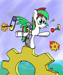 Size: 1100x1300 | Tagged: safe, artist:ebbysharp, derpibooru import, oc, oc only, oc:ember sparks, earth pony, pony, anatomically incorrect, female, gears, incorrect leg anatomy, lever, mare, solo, steampunk