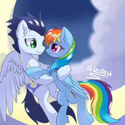 Size: 2338x2338 | Tagged: safe, artist:celedash, derpibooru import, rainbow dash, soarin', pegasus, blushing, female, looking at each other, looking at someone, male, mare, moon, night, romance, shipping, soarindash, stallion, straight, tangible heavenly object
