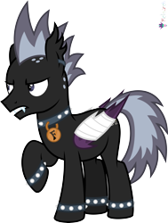 Size: 4000x5292 | Tagged: safe, artist:melisareb, derpibooru import, part of a set, bat pony, pony, .svg available, alphabet lore, angry, bandage, collar, crossover, f, fangs, male, raised hoof, raised leg, simple background, solo, species swap, spiked collar, spiked wristband, stallion, teeth, transparent background, vector, wings, wristband