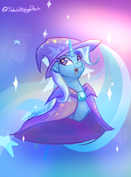 Size: 3008x4052 | Tagged: safe, artist:slightningdash, derpibooru import, trixie, pony, unicorn, bust, cape, clothes, female, hat, looking back, mare