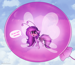 Size: 3195x2764 | Tagged: safe, artist:madelinne, derpibooru import, oc, oc only, oc:emilia starsong, breezie, pony, balloon, breeziefied, sky, solo, species swap