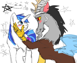 Size: 800x658 | Tagged: safe, derpibooru import, discord, shining armor, draconequus, pony, unicorn, blushing, gay, infidelity, looking at each other, looking at someone, male, shiningcord, shipping, simple background, stallion, white background