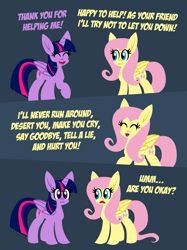 Size: 1247x1663 | Tagged: safe, artist:tridashie, derpibooru import, fluttershy, twilight sparkle, twilight sparkle (alicorn), alicorn, pegasus, pony, comic, dialogue, lyrics, rickroll, text