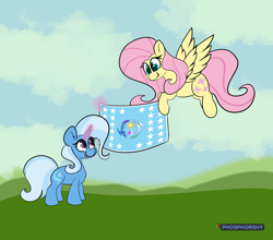 Size: 4460x3918 | Tagged: safe, artist:phosphorshy, edit, editor:strifesnout, ponerpics import, fluttershy, trixie, pegasus, pony, unicorn, chest fluff, cloud, ear fluff, ears, equestrian flag, female, flag, flying, glow, glowing horn, grass, horn, magic, magic aura, open mouth, simple background, spread wings, standing, telekinesis, wings