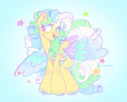 Size: 4096x3277 | Tagged: safe, artist:softpinkpony, derpibooru import, oc, oc only, pegasus, pony, g1, blue background, colored hooves, colored wings, curly hair, curly tail, cyan background, female, heterochromia, multicolored hair, multicolored tail, multicolored wings, pegasus oc, rainbow curl pony, simple background, smiling, solo, tail, wings