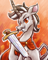 Size: 2004x2480 | Tagged: safe, artist:redahfuhrerking, derpibooru import, oc, oc:silver hilt, pony, unicorn, grin, male, smiling, solo, stallion, sword, tfh oc, weapon