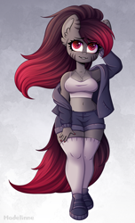 Size: 2000x3300 | Tagged: safe, artist:madelinne, derpibooru import, oc, oc:madelinne, anthro, anthro oc, belly button, clothes, long hair, midriff, short shirt, socks, solo