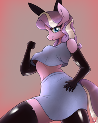 Size: 2000x2500 | Tagged: safe, alternate version, artist:naen, derpibooru import, diamond tiara, anthro, earth pony, plantigrade anthro, bra, bunny ears, clothes, female, gloves, latex, latex gloves, latex stockings, looking at you, looking down, looking down at you, mare, older, older diamond tiara, shirt, skirt, smiling, solo, stockings, thigh highs, underwear