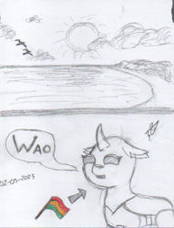 Size: 624x818 | Tagged: safe, artist:alejandrogmj, derpibooru import, oc, oc:flower black, changedling, changeling, beach, changedling oc, changeling oc, simple background, sketch, traditional art, woah