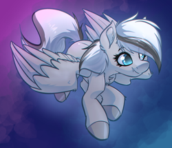 Size: 2664x2288 | Tagged: safe, artist:witchtaunter, derpibooru import, oc, oc only, oc:silver edge, pegasus, pony, abstract background, chest fluff, commission, cute, ear fluff, ears, fangs, flying, solo, spread wings, wings