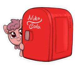 Size: 1656x1398 | Tagged: safe, artist:heretichesh, derpibooru import, earth pony, pony, fallout, female, filfil, filly, foal, nuka cola, peeking, refrigerator, simple background, small, smiling, solo, transparent background