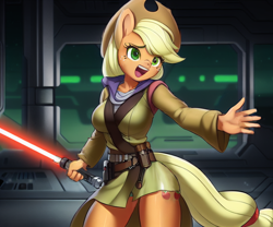 Size: 768x640 | Tagged: safe, derpibooru import, editor:xyzzymoon, generator:purplesmart.ai, generator:stable diffusion, machine learning generated, applejack, anthro, crossover, jedi, lightsaber, star wars, weapon