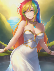 Size: 600x800 | Tagged: safe, derpibooru import, editor:sammykun, generator:novelai, generator:stable diffusion, machine learning generated, rainbow dash, human, equestria girls, beautiful, bracer, breasts, clothes, dress, female, gem, gold, humanized, jewelry, long hair, necklace, pixiv, rainboob dash, shoulderless, sleeveless, slim, solo, white dress