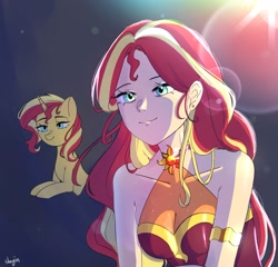 Size: 2048x1967 | Tagged: safe, artist:shagin_, derpibooru import, sunset shimmer, human, pony, unicorn, female, humanized, smiling, solo