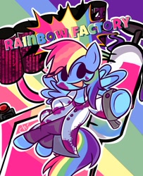 Size: 1441x1774 | Tagged: safe, artist:simplementeyeu, derpibooru import, rainbow dash, pegasus, pony, fanfic:rainbow factory, clothes, fanfic art, female, friday night funkin', lab coat, rainbow factory dash, solo