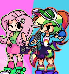 Size: 1958x2100 | Tagged: safe, artist:simplementeyeu, derpibooru import, fluttershy, rainbow dash, human, clothes, duo, female, flutterdash, friday night funkin', hat, humanized, lesbian, microphone, rainbow socks, shipping, skirt, socks, striped socks