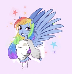 Size: 1358x1391 | Tagged: safe, artist:hotots, derpibooru import, rainbow dash, anthro, pegasus, bust, clothes, eyebrows, female, grin, raised eyebrow, smiling, solo, stars, sweater, sweatshirt