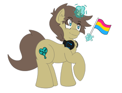 Size: 1719x1312 | Tagged: safe, artist:protoshadez, derpibooru import, oc, oc only, oc:shadez, unicorn, blue eyes, brown mane, headphones, horn, pansexual, pansexual pride flag, png, pride, pride flag, simple background, solo, transparent background, unicorn oc