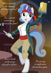 Size: 1200x1700 | Tagged: safe, artist:flash equestria photography, derpibooru import, oc, oc:silver sweet, anthro, unguligrade anthro, unicorn, breasts, busty boy, freckles, intersex, pirate, show accurate anthro, solo, song, tavern