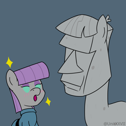 Size: 900x900 | Tagged: safe, artist:unitxxvii, derpibooru import, maud pie, mudbriar, earth pony, pony, student counsel, blushing, duo, gray background, moai, open mouth, petrification, simple background, sparkles