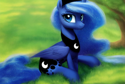 Size: 1920x1280 | Tagged: safe, derpibooru exclusive, derpibooru import, editor:dovakkins, generator:stable diffusion, machine learning generated, princess luna, alicorn, pony, bush, cute, ethereal mane, female, galaxy mane, grass, grass field, jewelry, looking at you, lunabetes, peytral, regalia, sitting, smiling, smiling at you, solo, wings