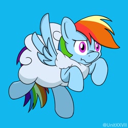 Size: 1000x1000 | Tagged: safe, artist:unitxxvii, derpibooru import, rainbow dash, pegasus, pony, blue background, cloud, female, nose wrinkle, simple background, solo, stuck