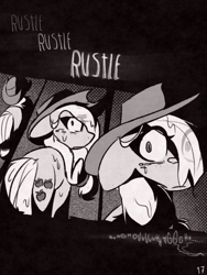 Size: 1050x1400 | Tagged: safe, artist:provolonepone, derpibooru import, applejack, earth pony, pony, comic:sapphic story, applejack's hat, clothes, comic, cowboy hat, hat, looking at you, monochrome, rain, scared, solo, wet