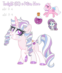 Size: 1327x1551 | Tagged: safe, artist:mint-light, artist:vernorexia, derpibooru import, potion nova, oc, pony, unicorn, g1, g4.5, adoptable, adoptable open, auction, base used, coat markings, colored hooves, curly hair, curly mane, fusion, gradient horn, hooves, horn, multicolored hair, next generation, pigtails, price, request, simple background, socks (coat marking), solo, transparent background