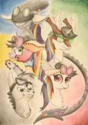 Size: 2225x3146 | Tagged: safe, artist:gracefulart693, derpibooru import, oc, oc only, oc:lightning bliss, timber wolf, bust, chest fluff, clothes, costume, female, goggles, mare, multeity, multicolored hair, rainbow hair, traditional art