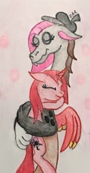 Size: 1374x2650 | Tagged: safe, artist:gracefulart693, derpibooru import, oc, oc only, draconequus, pony, unicorn, draconequus oc, duo, eyes closed, female, horn, hug, mare, traditional art, unicorn oc