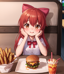Size: 2304x2688 | Tagged: safe, derpibooru import, generator:stable diffusion, machine learning generated, apple bloom, human, blushing, burger, food, french fries, hands on cheeks, humanized, looking at you, milkshake, open mouth, restaurant, solo